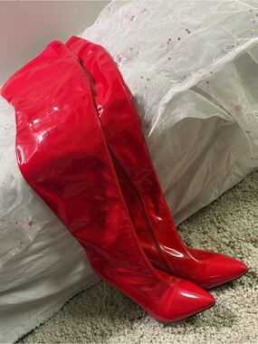 Women’s Red Patent Over-the-Knee Pointed Toe Boots